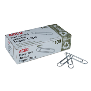 RECYCLED PAPER CLIPS, JUMBO, SMOOTH, SILVER, 100 CLIPS/BOX by ACCO Brands RECYCLED PAPER CLIPS, JUMBO, SMOOTH, SILVER, 100 CLIPS/BOX by ACCO Brands