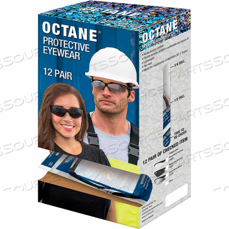 OCTANET SAFETY GLASSES, BLACK FRAME, CLEAR ANTI-FOG LENS, DISPENSER BOX 