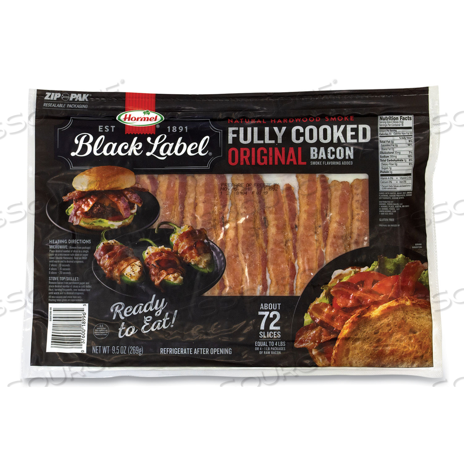 FULLY COOKED BACON, ORIGINAL, 9.5 OZ PACKAGE, APPROXIMATELY 72 SLICES/PACK 