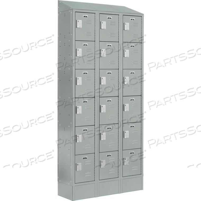 LOCKUP SIX TIER 18 DOOR ELECTRONIC LOCKER W/LOUVER DOORS, 12"WX18"DX12"H, GRAY, ASSEMBLED by Digilock LOCKUP SIX TIER 18 DOOR ELECTRONIC LOCKER W/LOUVER DOORS, 12"WX18"DX12"H, GRAY, ASSEMBLED by Digilock