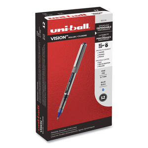 VISION ROLLER BALL PEN, STICK, FINE 0.7 MM, BLUE INK, BLUE/GRAY BARREL, DOZEN by Uni-Ball